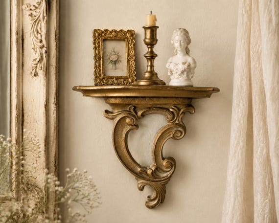 Vintage SyrocoWood Wall Shelf ~Hollywood Regency Gold Syroco Shelf ~ Rococo Style Wall Bracket French Country Display Shelf ~ USA Made
