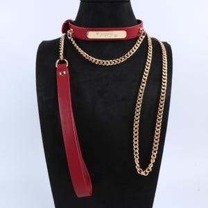 May include: A red leather dog collar and leash set with gold-colored chain accents. The collar features a gold nameplate with the name "Poppy". The leash has a matching red handle.