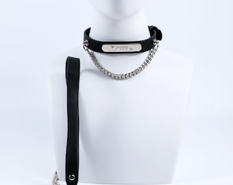 Handmade Personalized Leather Collar Necklace with Engraved Name Plate, Chain Leash Collar with Metal Chain and Lead Strap,Gift for Women