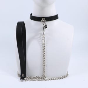 May include: Black leather choker with a silver chain and leash. The choker has a small paw print charm. The leash has a black handle. The chain is connected to the choker and extends down to a chest harness.