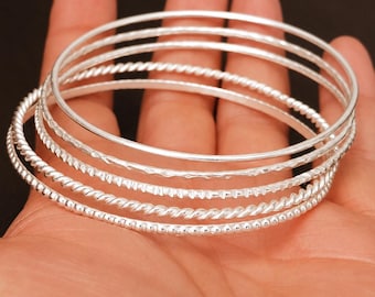 Set of 5 Sterling Silver Bangles, Mixed Texture Stackable Bracelets, Minimalist Handmade Jewelry