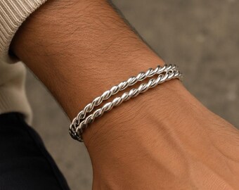 925 Sterling Silver Twisted Cuff Bracelet, Adjustable Rope Bracelet, Minimalist Open Bangle, Handmade Unisex Bracelet, Gift for Men