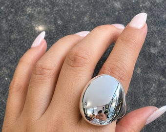 925 Sterling Silver Dome Statement Ring, Large Teardrop Ring, Mirror Polish Bold Ring, Chunky Minimalist Adjustable Ring for Women
