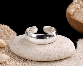 925 Sterling Silver Wide Toe Ring, Adjustable Minimalist Toe Ring, Plain Open Band Toe Ring, Handmade Beach Foot Jewelry, Gift for Women