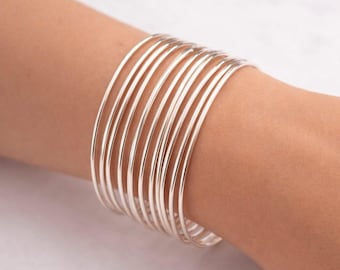 Minimalist Sterling Silver Bangles Set, Stackable Thin Bracelets, Everyday Jewelry