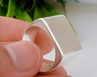 925 Sterling Silver Rectangle Signet Ring, Wide Band Modern Minimalist Statement Jewelry