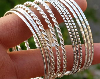 Set of 10 Sterling Silver Bangles, Mixed Texture Stackable Bracelets, Boho Minimalist Jewelry