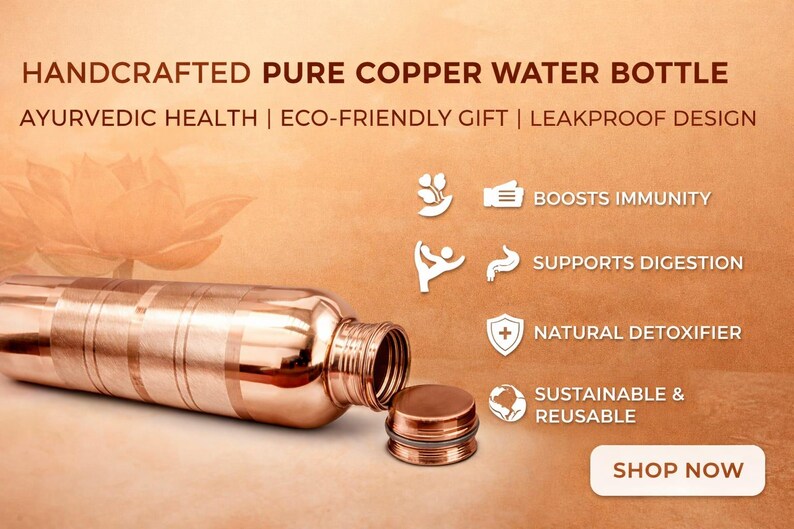 Pure Copper Water Bottle | Ayurvedic Health Flask, Leakproof, Eco ...