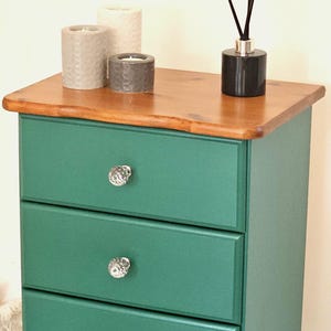 Refurbished Solid Pine Bedside Table – Emerald Green Drawers, Antique Top, Crystal Knobs