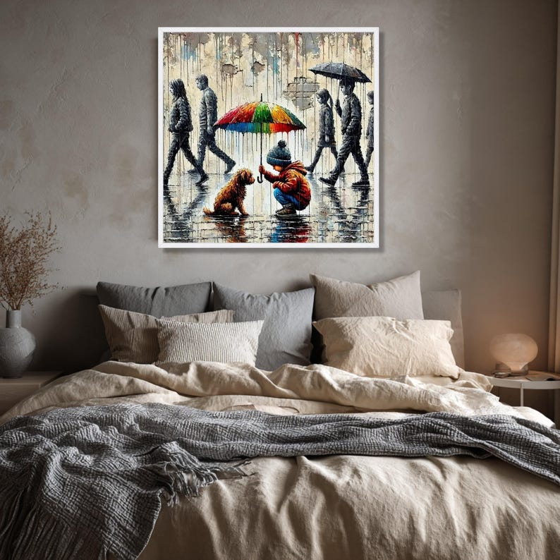 Child Dog Colorful Umbrella Canvas, Urban Street Art, Rainy Day Scene, Emotional Wall Art image 5