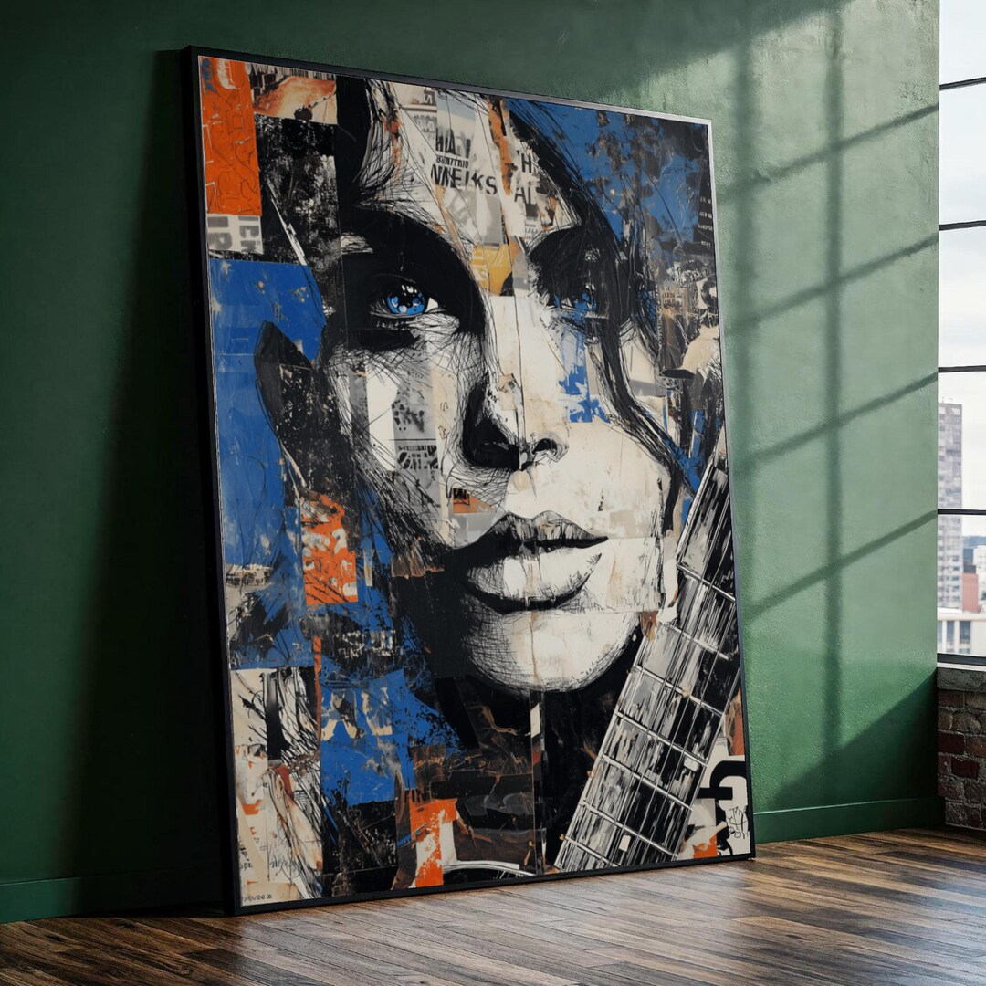 Abstract Woman Portrait Canvas Print, Blue Eyes Guitar Collage Wall Art ...