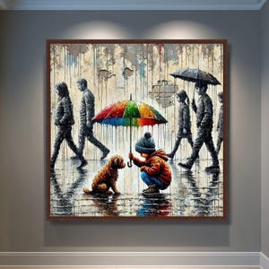 Child Dog Colorful Umbrella Canvas, Urban Street Art, Rainy Day Scene, Emotional Wall Art image 6