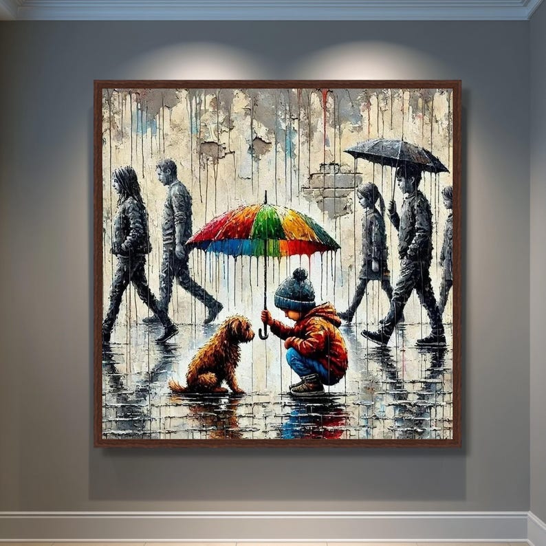 Child Dog Colorful Umbrella Canvas, Urban Street Art, Rainy Day Scene, Emotional Wall Art image 6