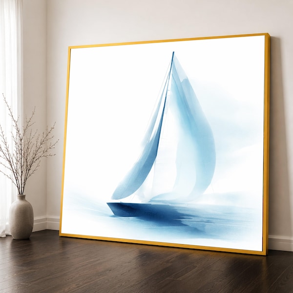 Tela impressa em aquarela com veleiro azul, arte minimalista para parede com temática costeira, decoração náutica, sala de estar.