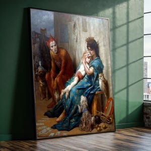 May include: A framed, vintage-style painting depicts a woman in a blue robe cradling a child, with an owl perched nearby. A figure in red and gold costume stands to the left. The scene includes dogs, a trumpet, and playing cards, evoking a theatrical or allegorical theme.