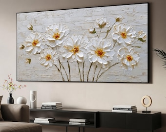Impasto Daisies Canvas Print Art, Rustic Floral Home Decor, Living room, Bedroom
