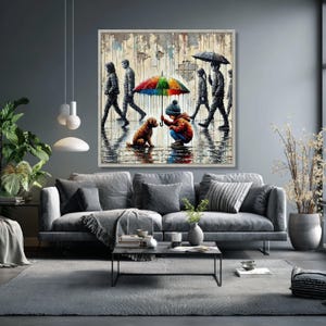 Child Dog Colorful Umbrella Canvas, Urban Street Art, Rainy Day Scene, Emotional Wall Art image 7