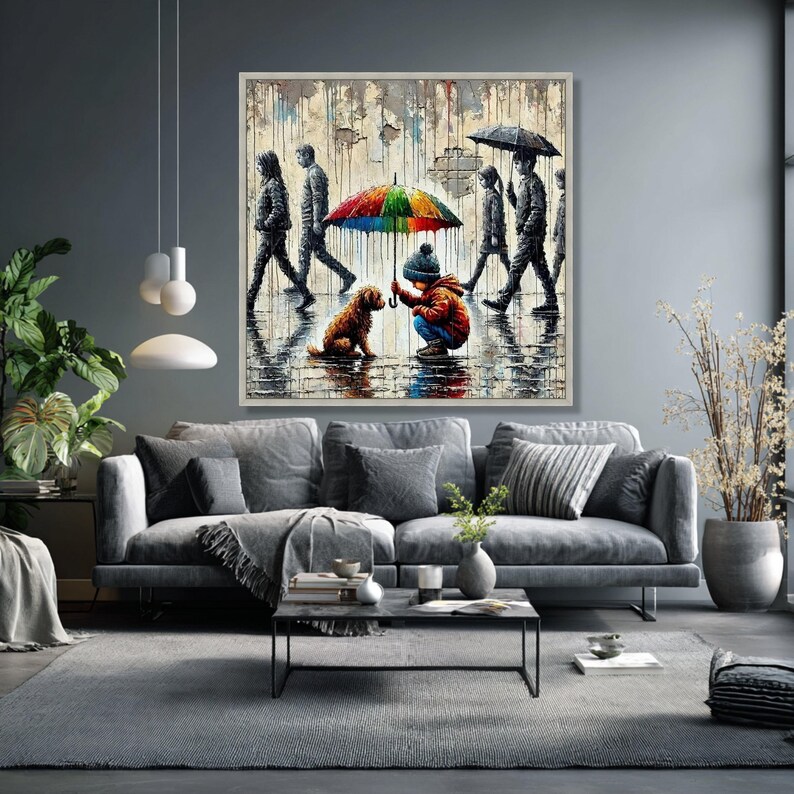 Child Dog Colorful Umbrella Canvas, Urban Street Art, Rainy Day Scene, Emotional Wall Art image 7