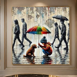 Child Dog Colorful Umbrella Canvas, Urban Street Art, Rainy Day Scene, Emotional Wall Art image 1