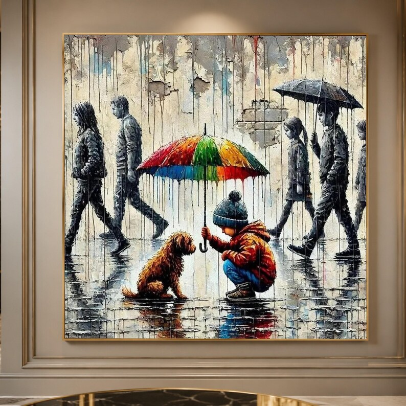 Child Dog Colorful Umbrella Canvas, Urban Street Art, Rainy Day Scene, Emotional Wall Art image 1