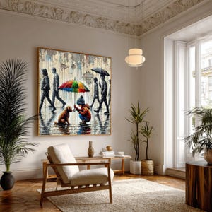 Child Dog Colorful Umbrella Canvas, Urban Street Art, Rainy Day Scene, Emotional Wall Art image 4