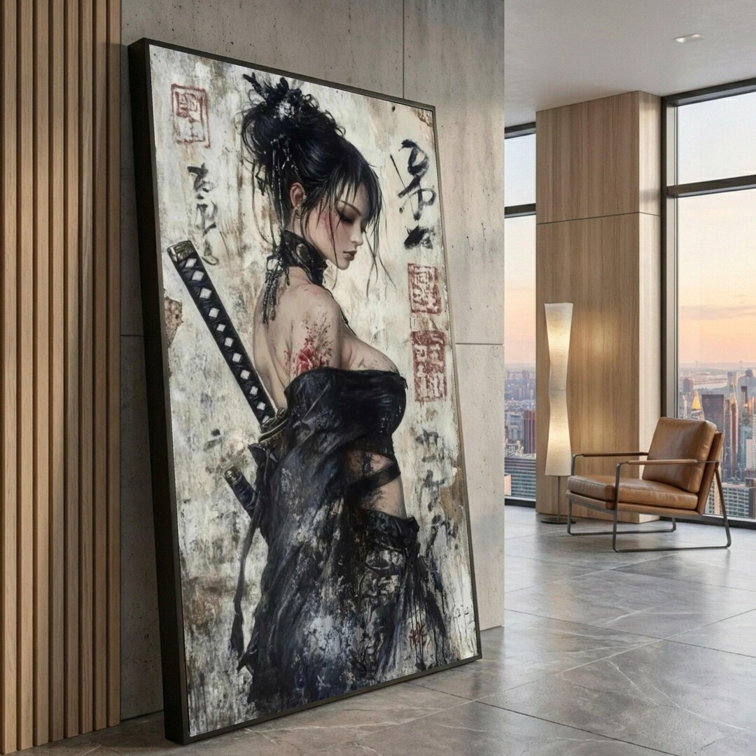 Samurai Woman Canvas Print, Japanese Warrior Ink Style Wall Art - Etsy