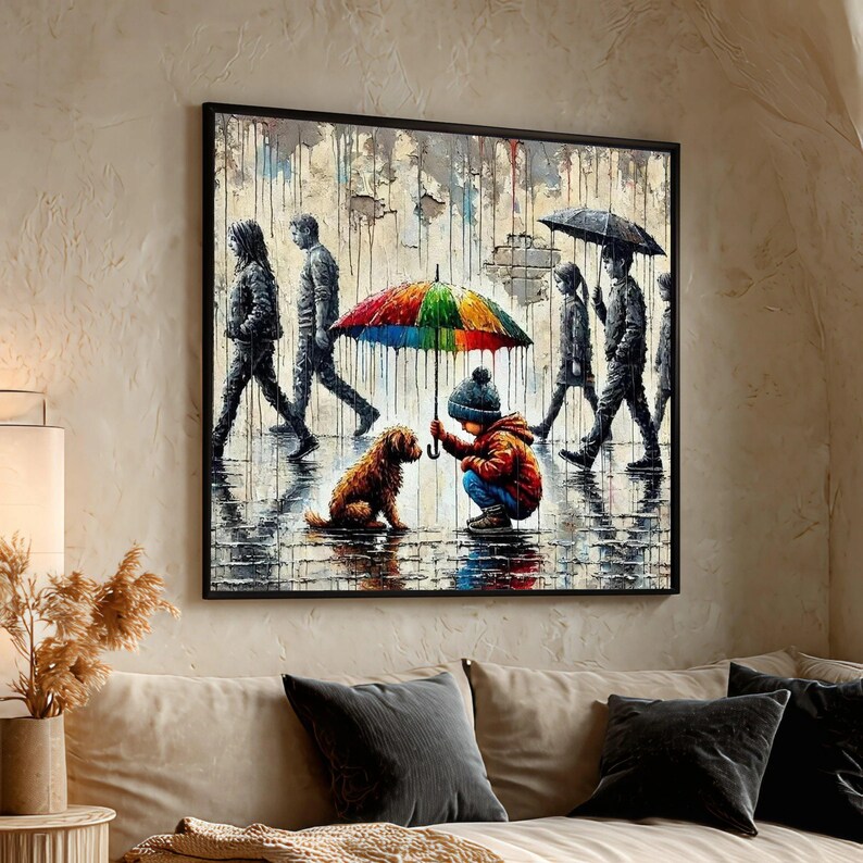 Child Dog Colorful Umbrella Canvas, Urban Street Art, Rainy Day Scene, Emotional Wall Art image 2