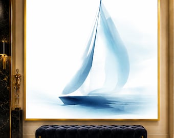 Aquarell-Leinwanddruck mit blauem Segelboot, minimalistische Küstenwandkunst, nautische Dekoration, modernes Wohnzimmer