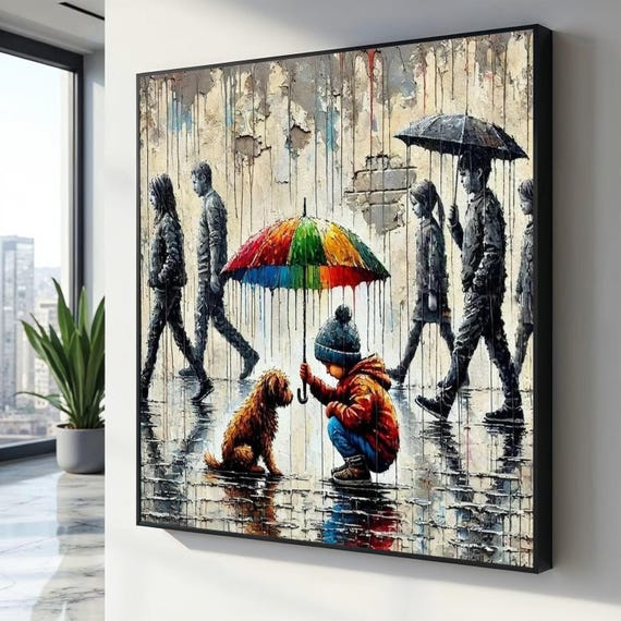 Child Dog Colorful Umbrella Canvas, Urban Street Art, Rainy Day Scene, Emotional Wall Art