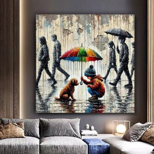 Child Dog Colorful Umbrella Canvas, Urban Street Art, Rainy Day Scene, Emotional Wall Art image 3
