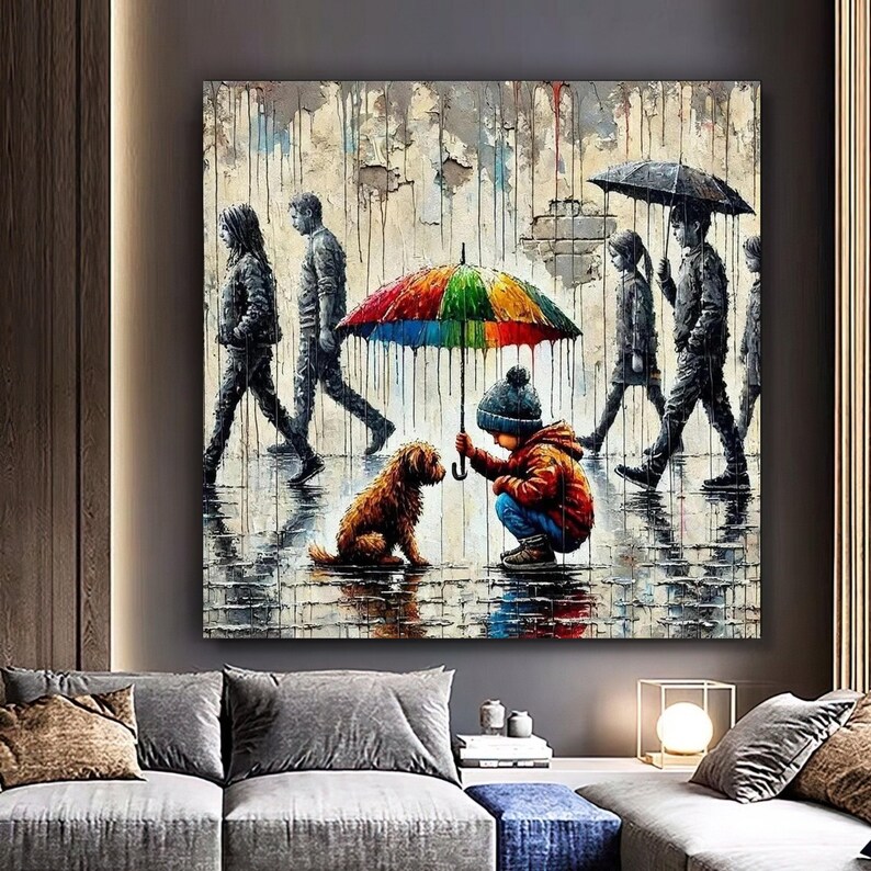 Child Dog Colorful Umbrella Canvas, Urban Street Art, Rainy Day Scene, Emotional Wall Art image 3