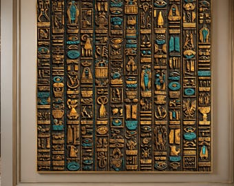 Ancient Egyptian Hieroglyphs Canvas, Blue & Gold Historical Wall Art, Living room, Bedroom, Dining room