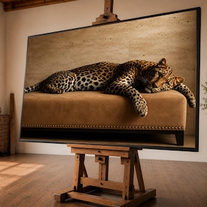 May include: A large rectangular framed print on a wooden easel featuring a leopard resting on a tan upholstered bench. The leopard has a spotted coat and is lying down with its head resting on its front paws. The background is a beige stone wall.