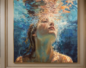 Underwater Serenity Portrait Canvas, Woman Submerged in Water, Splashing Bubbles Wall Art, Printed