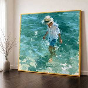 夏の散歩キャンバスウォールアート、水辺を歩く少年、海岸のビーチシーンキャンバス、海辺の壁飾り、海の反射絵画プリント