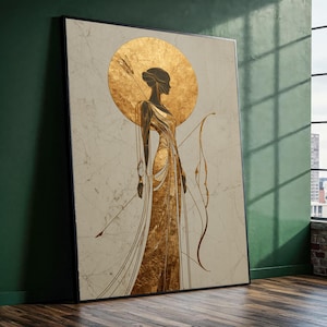 Artemis Goddess Canvas Print Art, Gold Halo Silhouette, Greek Myth Archer Wall Decor