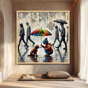 Child Dog Colorful Umbrella Canvas, Urban Street Art, Rainy Day Scene, Emotional Wall Art image 8