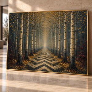 Può includere: Un'opera d'arte murale rettangolare in una sottile cornice dorata che raffigura un sentiero boschivo fiancheggiato da alti alberi di betulla. Il terreno presenta un motivo a spina di pesce bianco e nero coperto di foglie autunnali gialle.