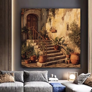 Mediterranean Staircase Canvas Print, Terracotta Pots, Rustic Home Decor, Bedroom, Living room, Dining room