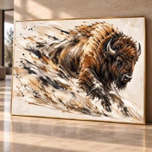 May include: A rectangular wall art piece in a thin gold frame featuring a dynamic painting of a bison. The artwork uses expressive brushstrokes in shades of brown, black, and cream to depict the animal in motion against a light background.