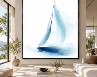 Blue Sailboat Watercolor Canvas Print, Minimalist Coastal Wall Art, Nautical Decor, Living Room