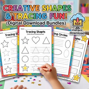 May include: Educational tracing sheets for children, featuring shapes and fun activities. The image displays various sheets with stars, hearts, triangles, and circles. The text reads "CREATIVE SHAPES & TRACING FUN! (Digital Download Bundles)".