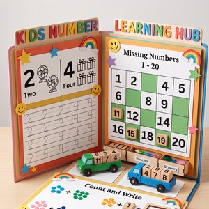 Könnte beinhalten: Ein pädagogisches Lernzentrum aus Holz mit zwei aufrechten Tafeln und einer flachen Basis für Zahlenaktivitäten. Die Tafeln zeigen 'KIDS NUMBER' und 'LEARNING HUB' mit Arbeitsblättern zum Zählen, Schreiben von Zahlen und Ergänzen fehlender Zahlen.
