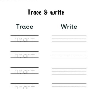 K&ouml;nnte beinhalten: Ein schwarz-wei&szlig;es Arbeitsblatt mit dem Text "Trace & write". Das Arbeitsblatt hat Abschnitte zum Nachzeichnen und Schreiben des Wortes "heart". Der Nachzeichnungsabschnitt zeigt das Wort "heart" in gepunkteten Linien, und der Schreibabschnitt hat leere Linien.