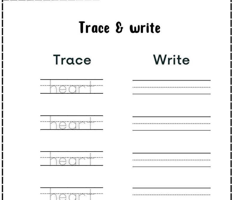 K&ouml;nnte beinhalten: Ein schwarz-wei&szlig;es Arbeitsblatt mit dem Text "Trace & write". Das Arbeitsblatt hat Abschnitte zum Nachzeichnen und Schreiben des Wortes "heart". Der Nachzeichnungsabschnitt zeigt das Wort "heart" in gepunkteten Linien, und der Schreibabschnitt hat leere Linien.