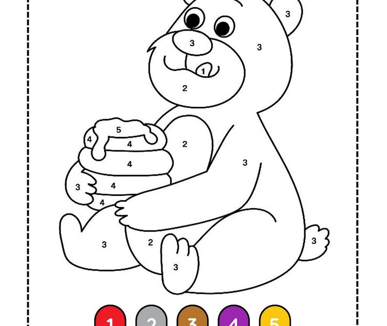 May include: A black and white line drawing of a bear holding a stack of honey. The image is a color-by-number activity, with numbers indicating the colors to be used. The bear has a smiling face and is sitting down.