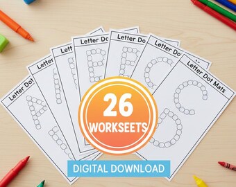 Alfabet doe-een-dot-werkbladen, AZ-lettermatten, voorschoolse activiteit (digitale download)