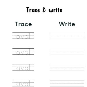 K&ouml;nnte beinhalten: Ein schwarz-wei&szlig;es Arbeitsblatt mit dem Text "Trace & write". Das Arbeitsblatt hat Abschnitte zum Nachzeichnen und Schreiben des Wortes "oval". Der Nachzeichnungsabschnitt zeigt das Wort "oval" in gepunkteten Linien, und der Schreibabschnitt hat leere Linien.