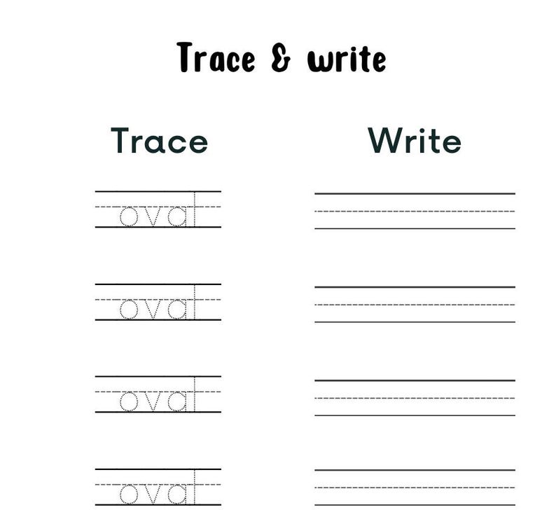 K&ouml;nnte beinhalten: Ein schwarz-wei&szlig;es Arbeitsblatt mit dem Text "Trace & write". Das Arbeitsblatt hat Abschnitte zum Nachzeichnen und Schreiben des Wortes "oval". Der Nachzeichnungsabschnitt zeigt das Wort "oval" in gepunkteten Linien, und der Schreibabschnitt hat leere Linien.