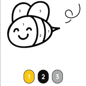May include: A black and white line drawing of a bee with numbered sections for coloring. The bee has a smiling face and is accompanied by three color options: yellow, black, and gray. The image is designed for a coloring activity.